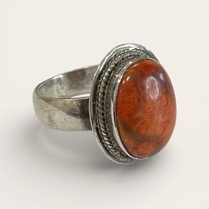 Nepal handmade 925 Silver and Orange Stone Ring size 7